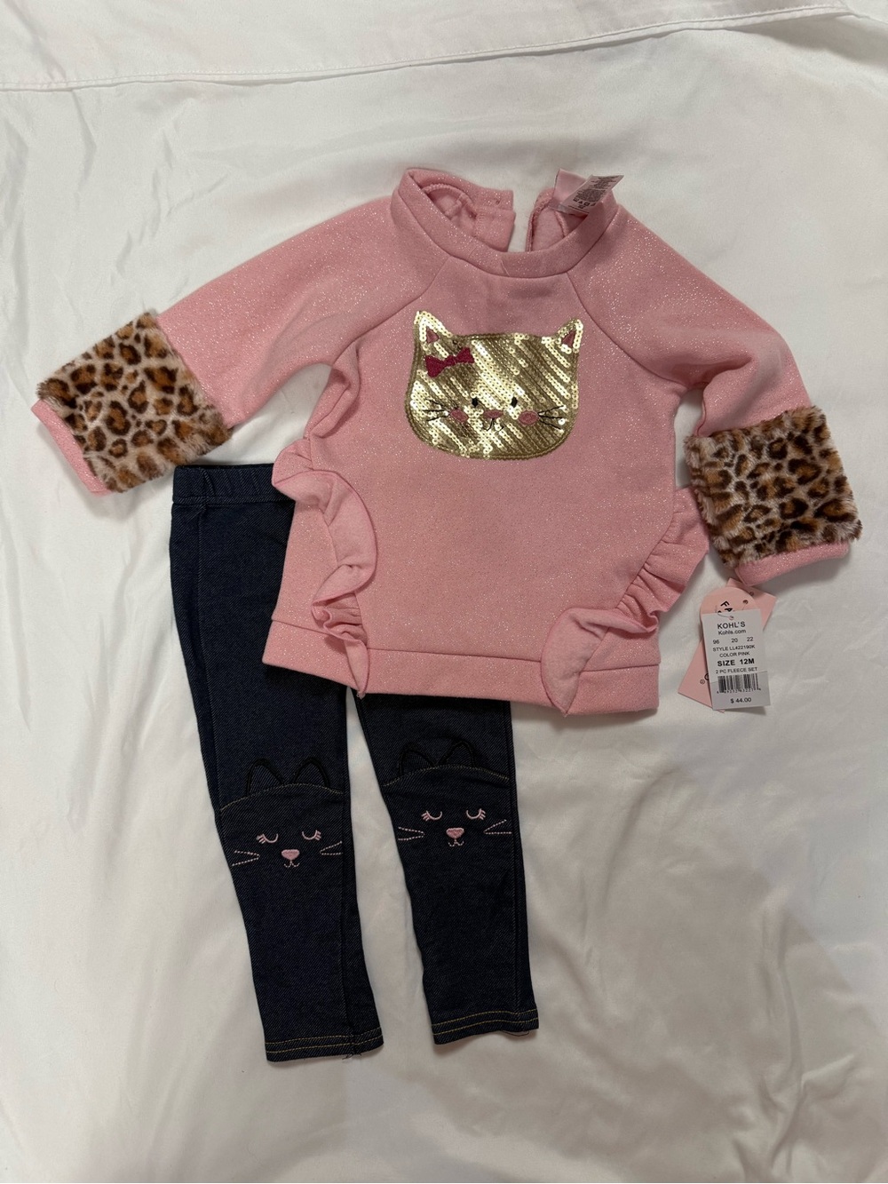 Little Lass Pink Top and Navy Cat Leggings Matching Set